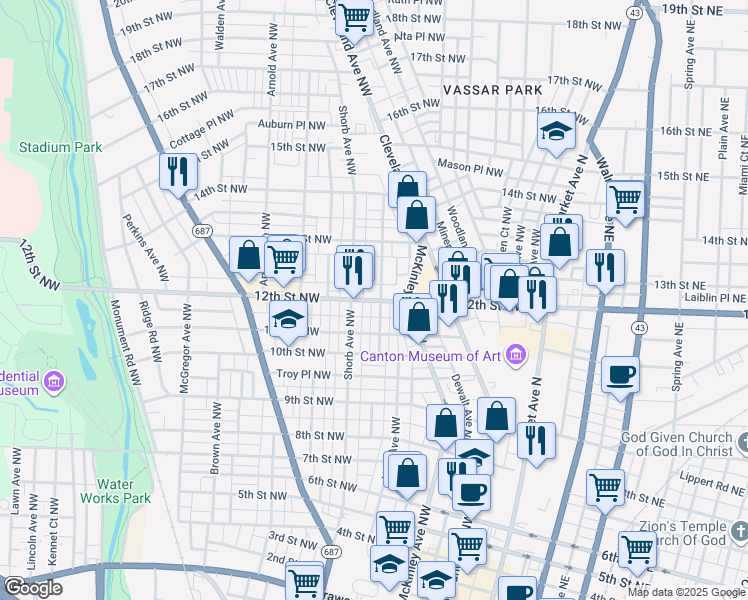 map of restaurants, bars, coffee shops, grocery stores, and more near 1201 Worley Avenue Northwest in Canton