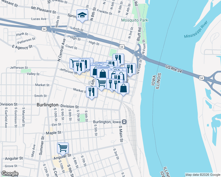 map of restaurants, bars, coffee shops, grocery stores, and more near 100-122 North 4th Street in Burlington