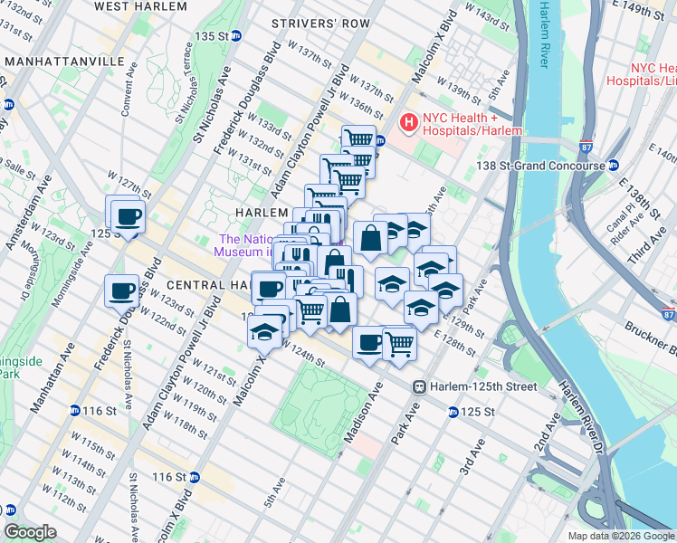 map of restaurants, bars, coffee shops, grocery stores, and more near 34 West 128th Street in New York