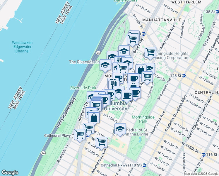 map of restaurants, bars, coffee shops, grocery stores, and more near 3009 Broadway in New York