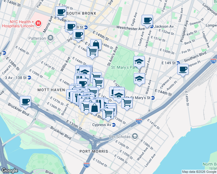 map of restaurants, bars, coffee shops, grocery stores, and more near 609 Oak Terrace in Bronx