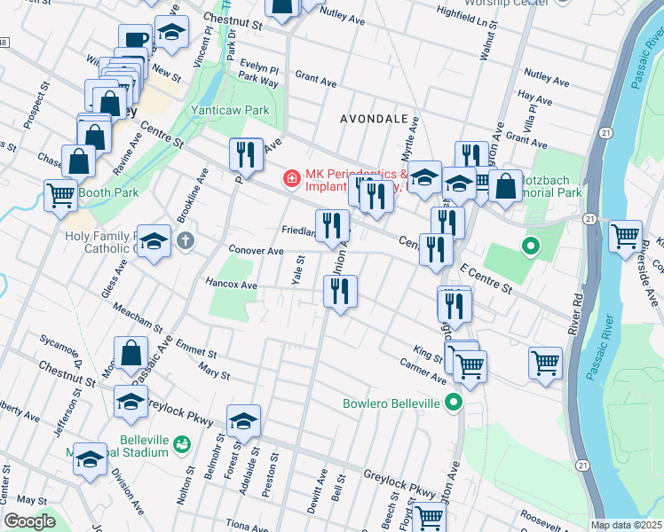 map of restaurants, bars, coffee shops, grocery stores, and more near 16 Harvard Street in Nutley