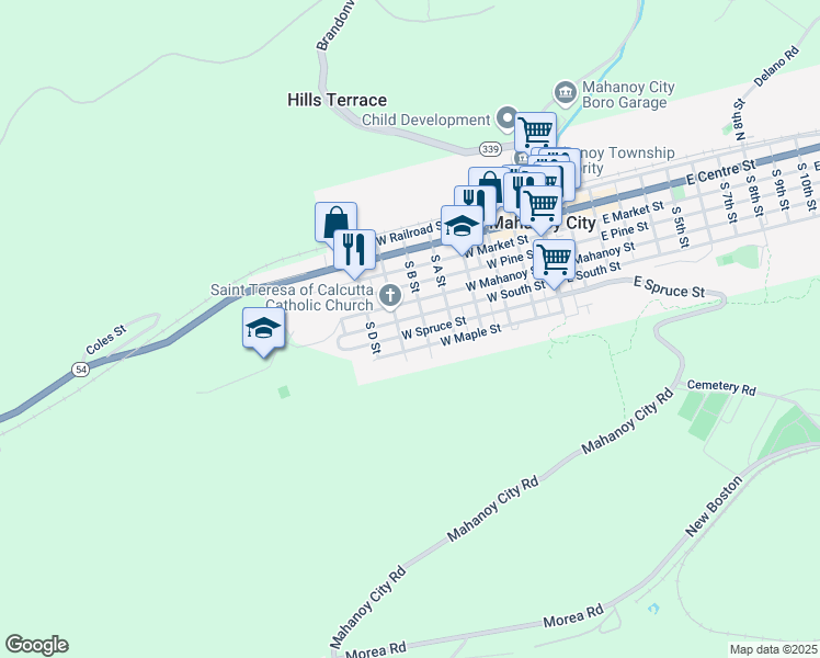 map of restaurants, bars, coffee shops, grocery stores, and more near 521 West Spruce Street in Mahanoy City