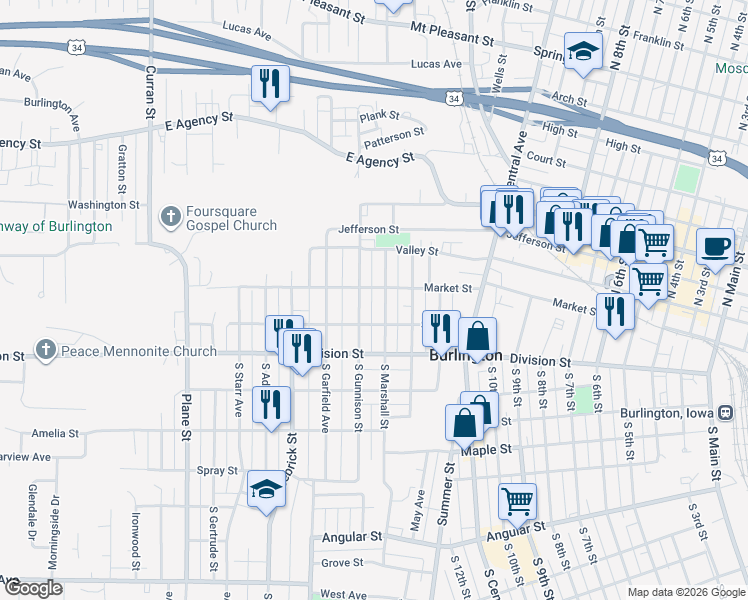 map of restaurants, bars, coffee shops, grocery stores, and more near 116 South Gunnison Street in Burlington