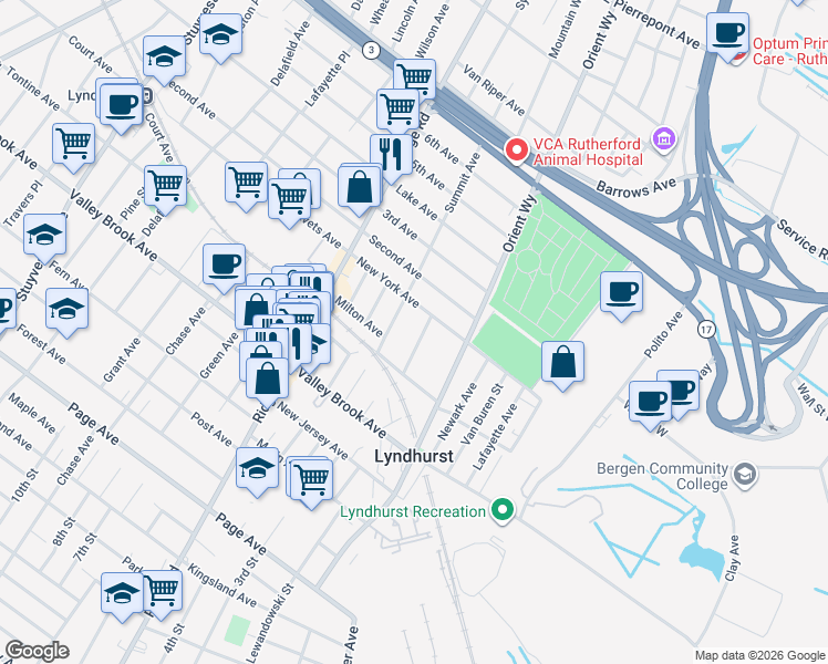 map of restaurants, bars, coffee shops, grocery stores, and more near 224 Mountain Way in Lyndhurst