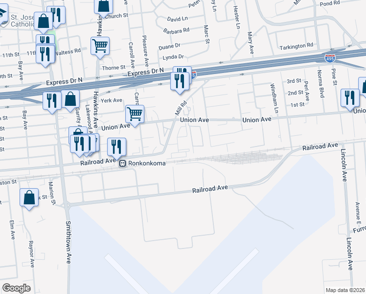 map of restaurants, bars, coffee shops, grocery stores, and more near 1000 Mill Road in Lake Ronkonkoma