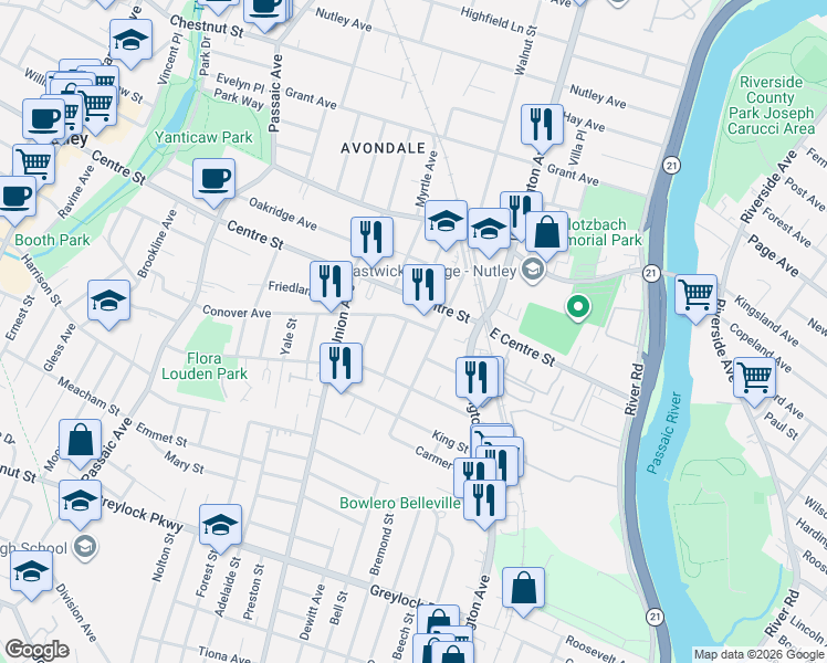 map of restaurants, bars, coffee shops, grocery stores, and more near 26 Witherspoon Street in Nutley