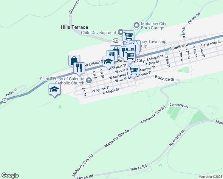 map of restaurants, bars, coffee shops, grocery stores, and more near 114 South Catawissa Street in Mahanoy City