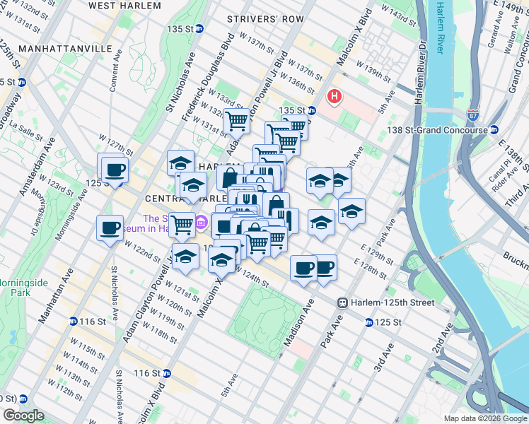 map of restaurants, bars, coffee shops, grocery stores, and more near 81 West 127th Street in New York
