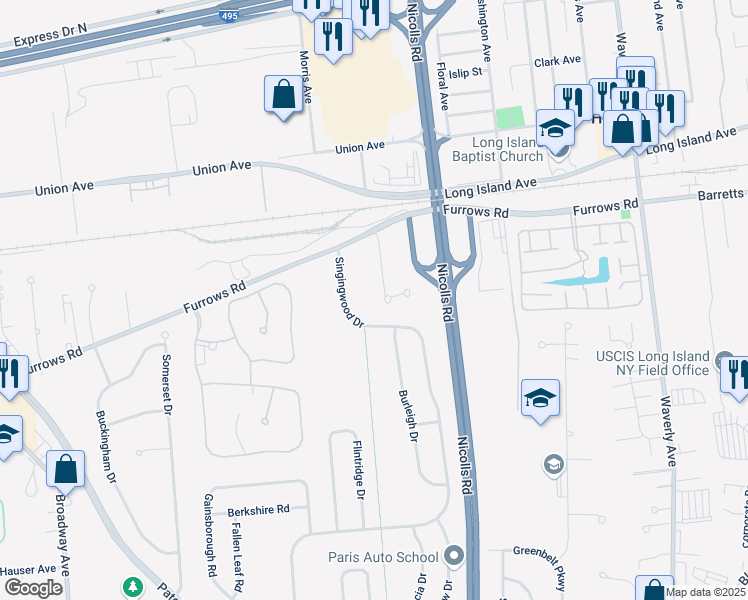 map of restaurants, bars, coffee shops, grocery stores, and more near 67 Singingwood Drive in Holbrook