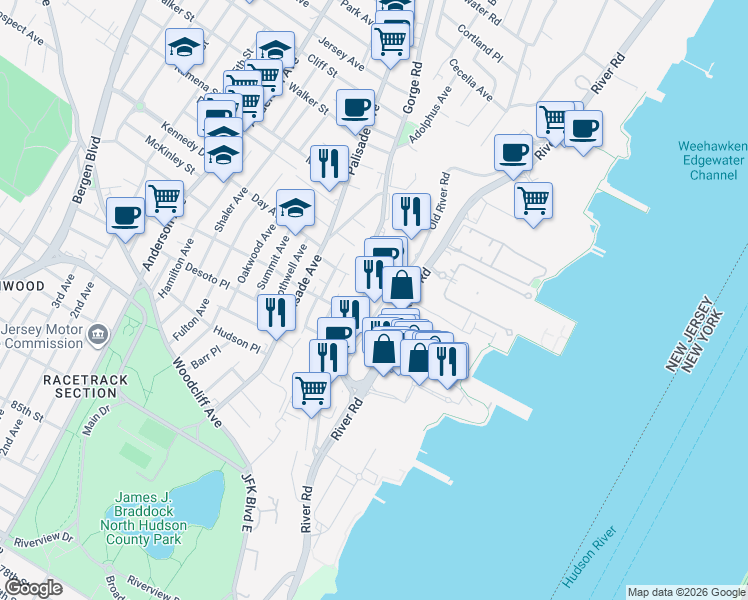 map of restaurants, bars, coffee shops, grocery stores, and more near 1011 Hudson Park in Edgewater