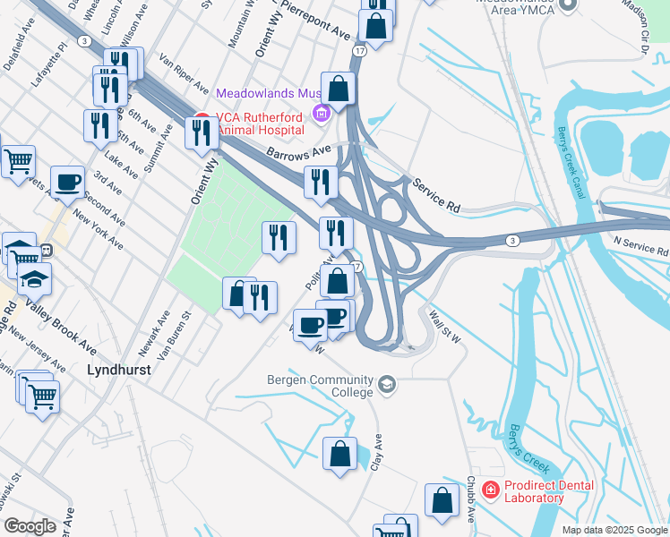 map of restaurants, bars, coffee shops, grocery stores, and more near Highway 17 in Rutherford