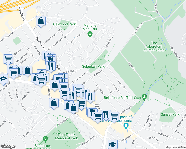 map of restaurants, bars, coffee shops, grocery stores, and more near 107 East Aaron Drive in State College