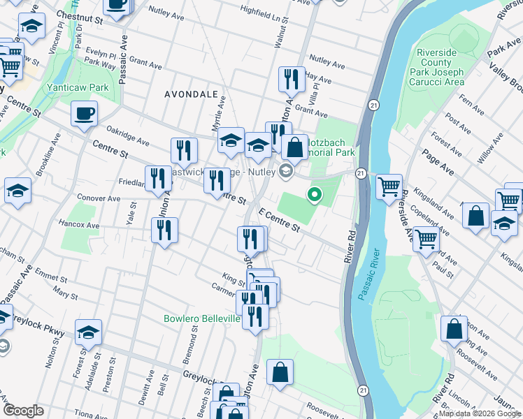 map of restaurants, bars, coffee shops, grocery stores, and more near 80 Washington Avenue in Nutley