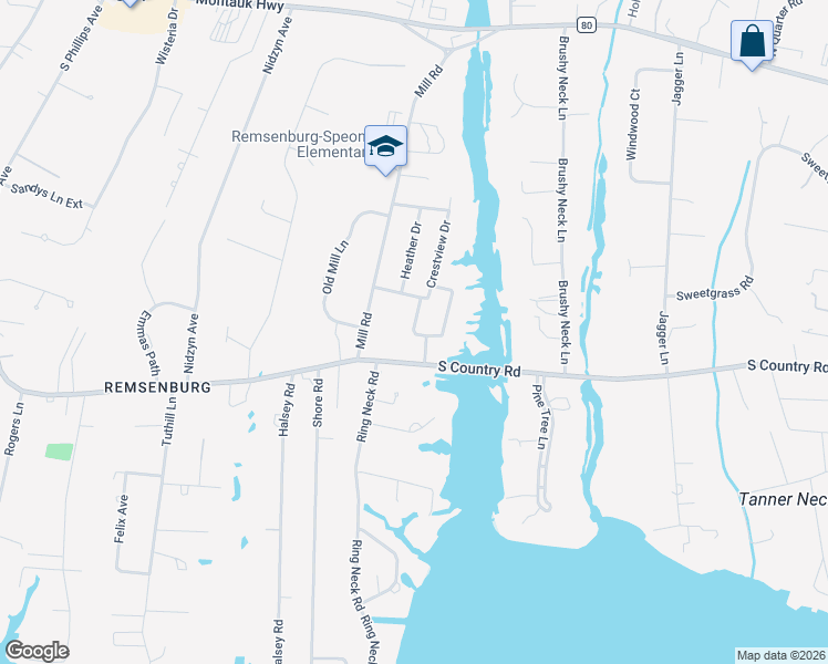 map of restaurants, bars, coffee shops, grocery stores, and more near 8 Riverview Drive in Remsenburg-Speonk