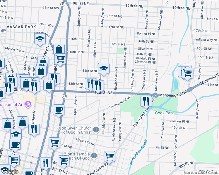 map of restaurants, bars, coffee shops, grocery stores, and more near 1209 12th Street Northeast in Canton