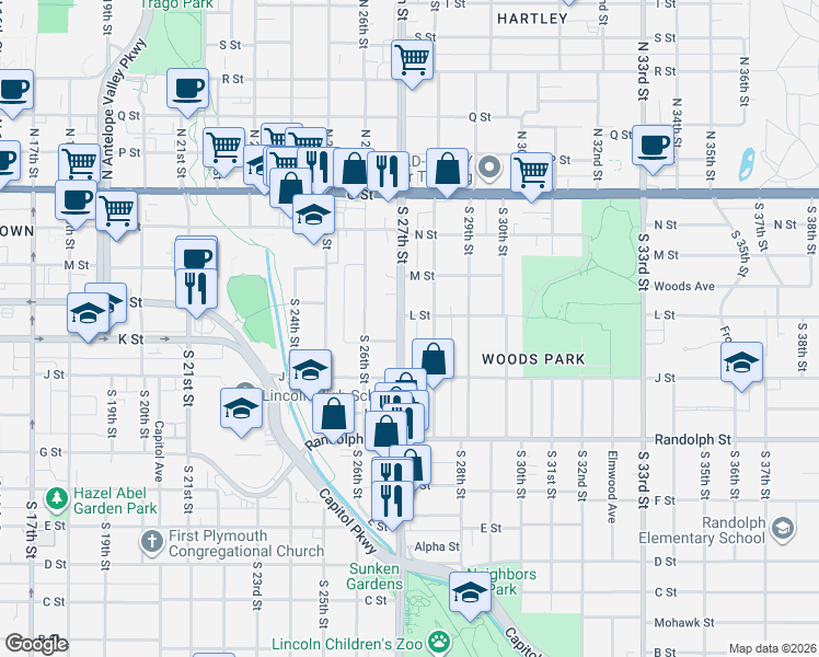 map of restaurants, bars, coffee shops, grocery stores, and more near 418 South 27th Street in Lincoln