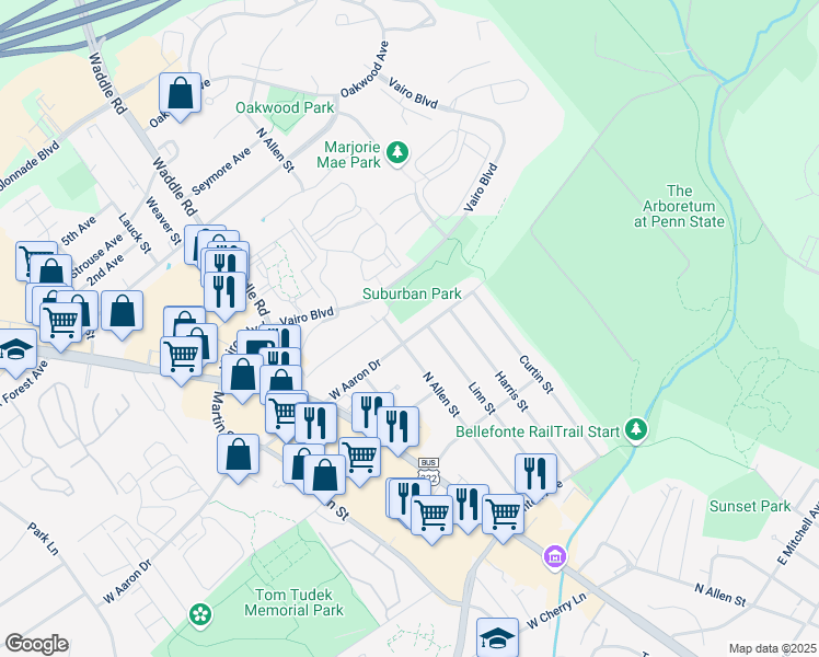 map of restaurants, bars, coffee shops, grocery stores, and more near 105 East Aaron Drive in State College