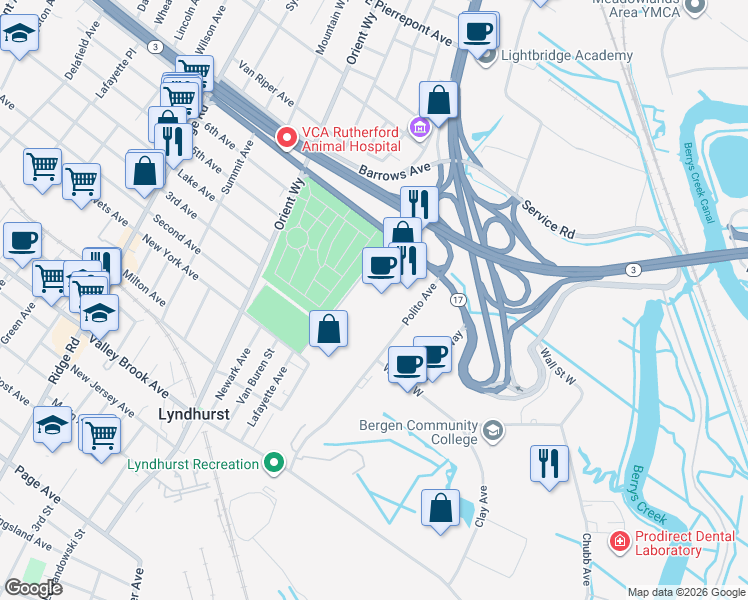 map of restaurants, bars, coffee shops, grocery stores, and more near 9 Polito Avenue in Lyndhurst