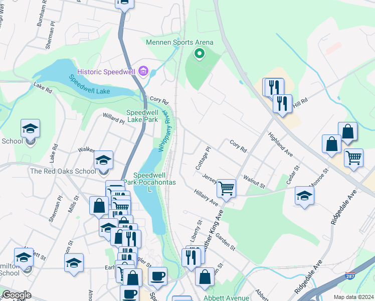 map of restaurants, bars, coffee shops, grocery stores, and more near 11 Gregory Terrace in Morristown
