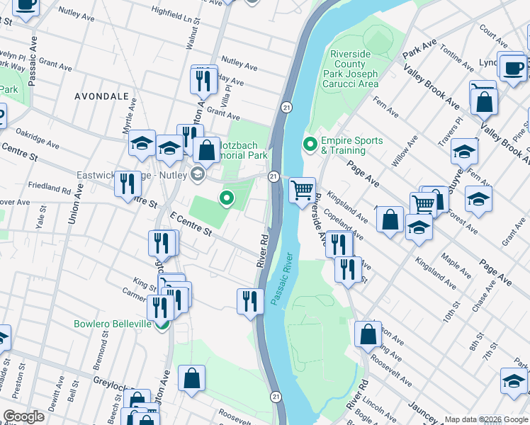 map of restaurants, bars, coffee shops, grocery stores, and more near 103 River Road in Nutley