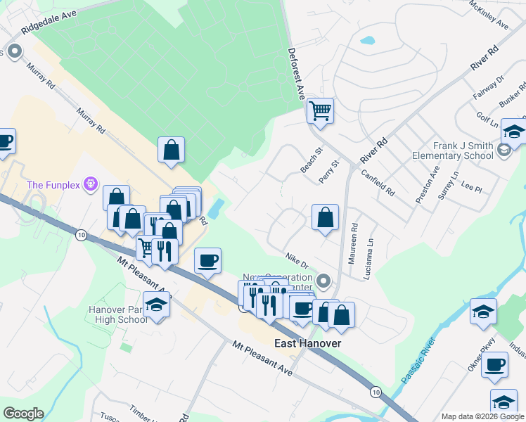 map of restaurants, bars, coffee shops, grocery stores, and more near 9 Katie Court in East Hanover