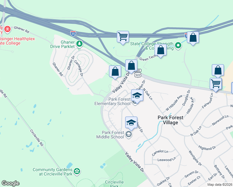 map of restaurants, bars, coffee shops, grocery stores, and more near 2547 Carnegie Drive in State College