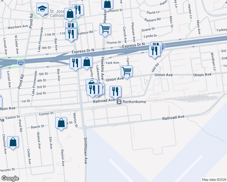 map of restaurants, bars, coffee shops, grocery stores, and more near 90 Railroad Avenue in Ronkonkoma