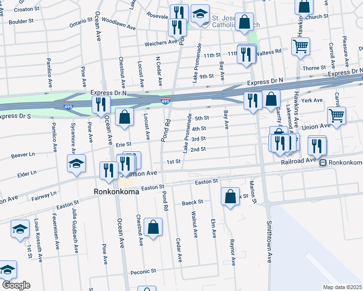 map of restaurants, bars, coffee shops, grocery stores, and more near 72 2nd Street in Ronkonkoma
