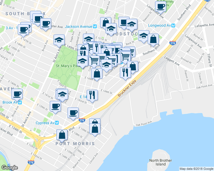 map of restaurants, bars, coffee shops, grocery stores, and more near 420 Timpson Place in Bronx