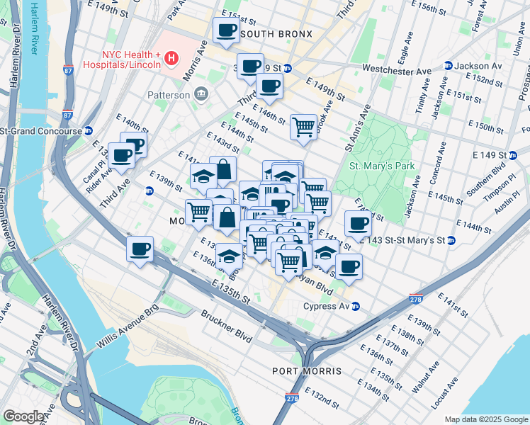 map of restaurants, bars, coffee shops, grocery stores, and more near 511 East 140th Street in Bronx