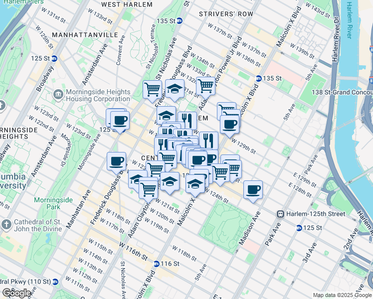 map of restaurants, bars, coffee shops, grocery stores, and more near 2105 Adam Clayton Powell Junior Boulevard in New York