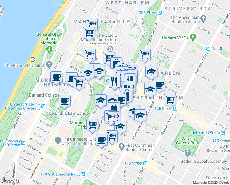 map of restaurants, bars, coffee shops, grocery stores, and more near 342 West 122nd Street in New York