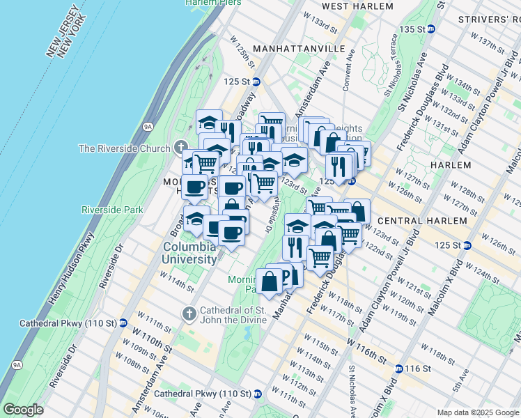 map of restaurants, bars, coffee shops, grocery stores, and more near 100 Morningside Drive in New York