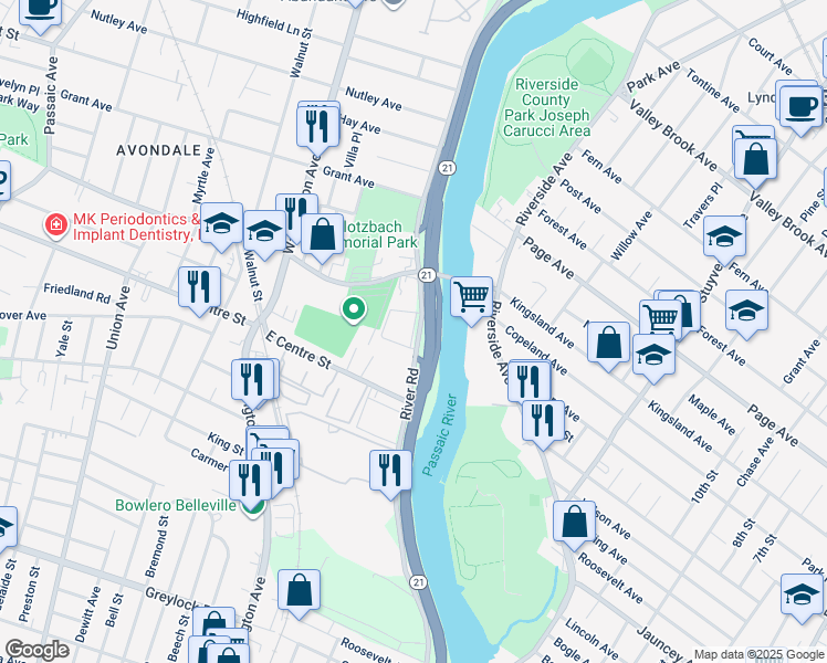 map of restaurants, bars, coffee shops, grocery stores, and more near 103 River Road in Nutley