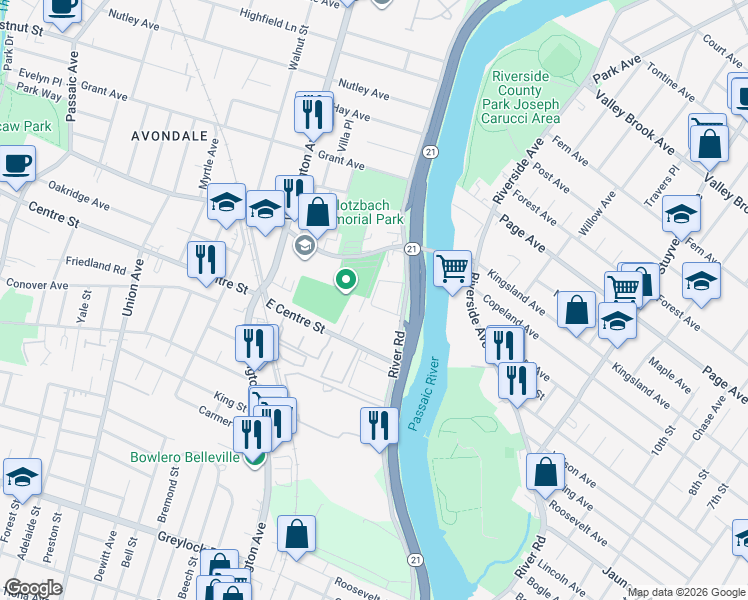 map of restaurants, bars, coffee shops, grocery stores, and more near 65 River Road in Nutley