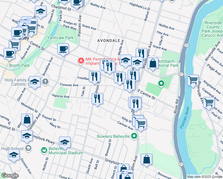 map of restaurants, bars, coffee shops, grocery stores, and more near 26 Witherspoon Street in Nutley