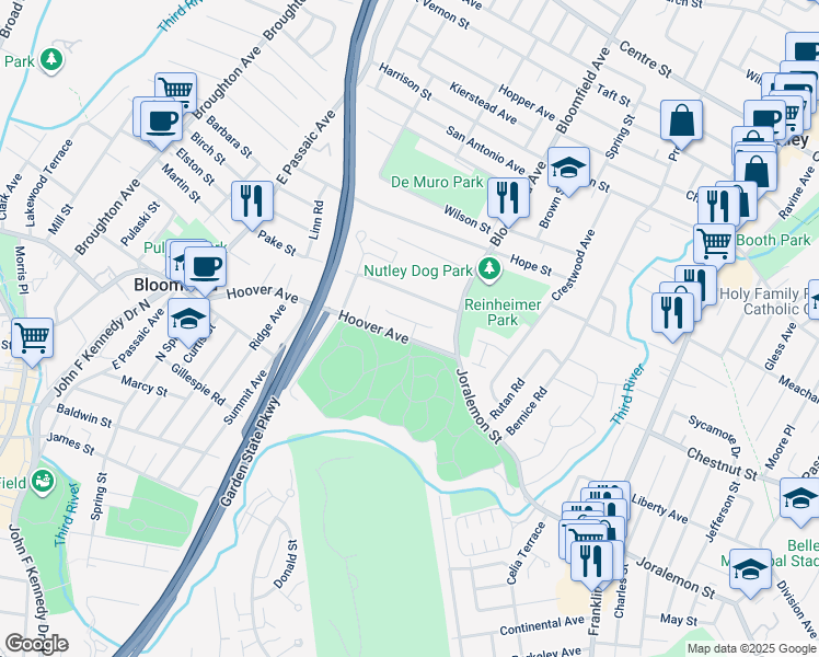map of restaurants, bars, coffee shops, grocery stores, and more near 23 Hoover Avenue in Bloomfield