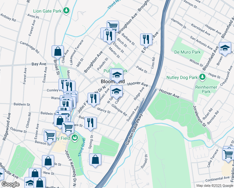 map of restaurants, bars, coffee shops, grocery stores, and more near 92 Curtis Street in Bloomfield