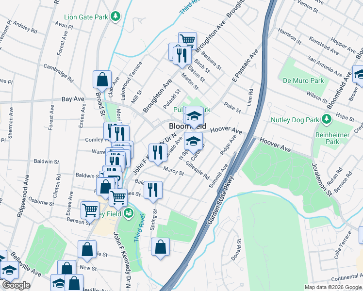 map of restaurants, bars, coffee shops, grocery stores, and more near 107 North Spring Street in Bloomfield