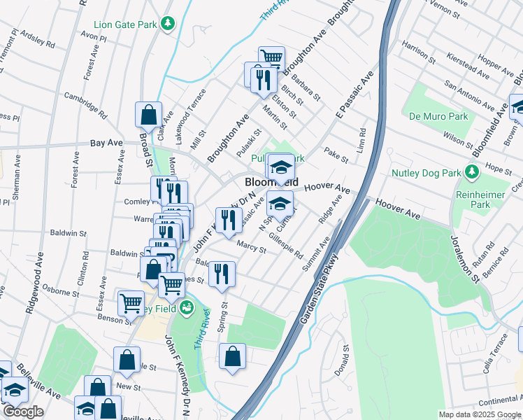 map of restaurants, bars, coffee shops, grocery stores, and more near 107 North Spring Street in Bloomfield