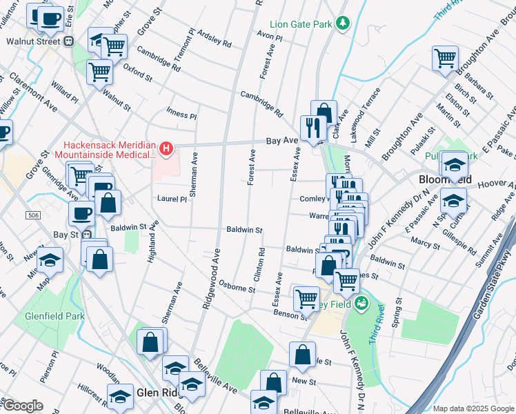 map of restaurants, bars, coffee shops, grocery stores, and more near 89 Baldwin Street in Glen Ridge