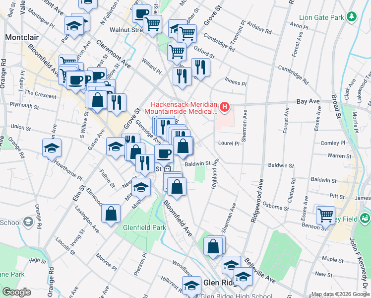map of restaurants, bars, coffee shops, grocery stores, and more near 18 Baldwin Street in Montclair