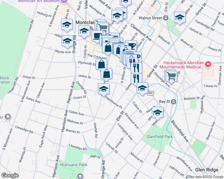 map of restaurants, bars, coffee shops, grocery stores, and more near 20 Prospect Terrace in Montclair