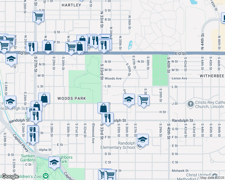 map of restaurants, bars, coffee shops, grocery stores, and more near 510 South 33rd Street in Lincoln