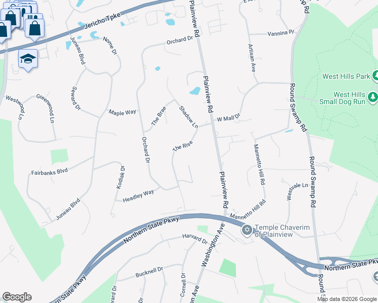 map of restaurants, bars, coffee shops, grocery stores, and more near 11 The Rise in Woodbury