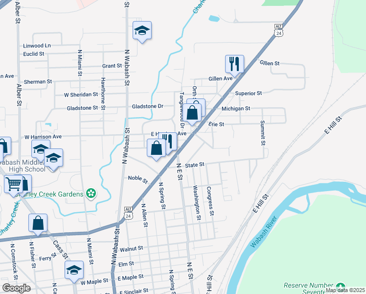 map of restaurants, bars, coffee shops, grocery stores, and more near U.S. 24 Alternate in Wabash
