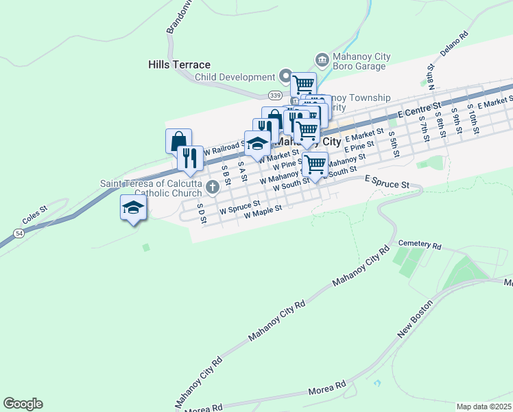 map of restaurants, bars, coffee shops, grocery stores, and more near 328 West Spruce Street in Mahanoy City
