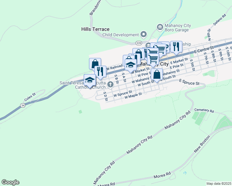 map of restaurants, bars, coffee shops, grocery stores, and more near 521 West Spruce Street in Mahanoy City