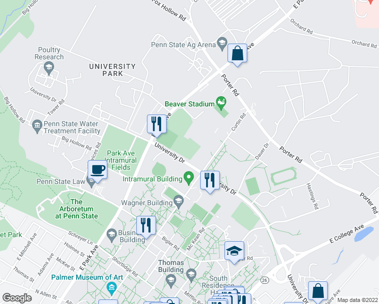 map of restaurants, bars, coffee shops, grocery stores, and more near University Drive in State College